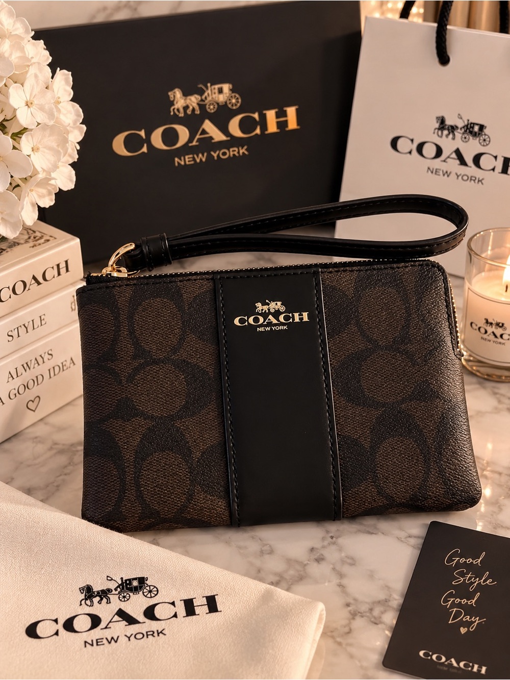 Coach Brown & Black Signature Wristlet with Gold Logo
